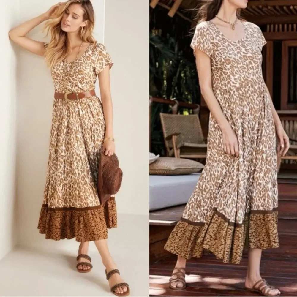 Soft Surroundings Dress‎ Womens Medium Brown Leopard Print Tiered Kara Boho
